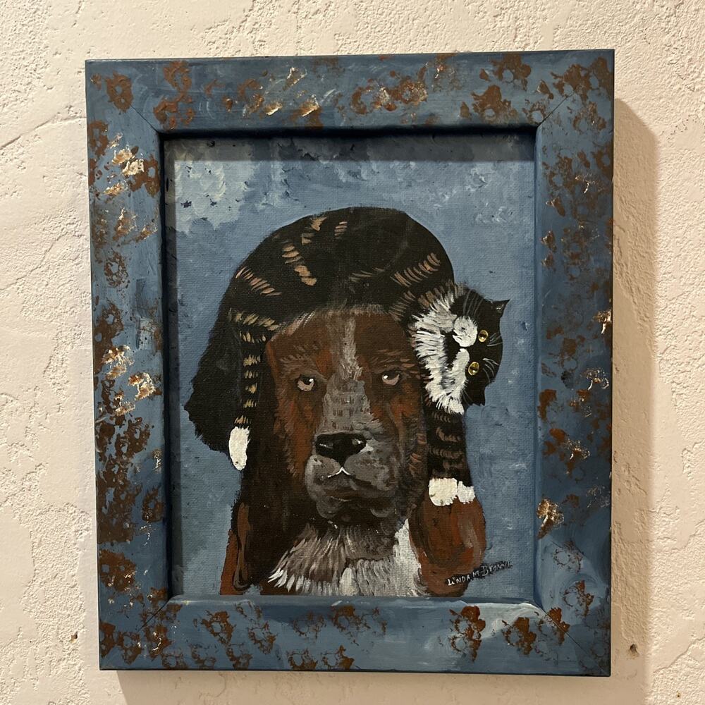 Folk Art Style Original Painting Humorous Cat And Dog